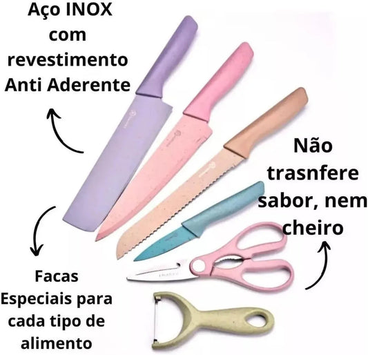 Kit 6 peças: Facas Profissional Colorido Inox