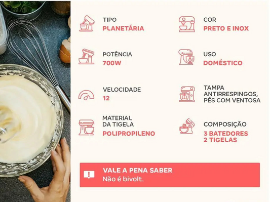 Batedeira Planetária Mondial Preto e Inox 700W - 110V